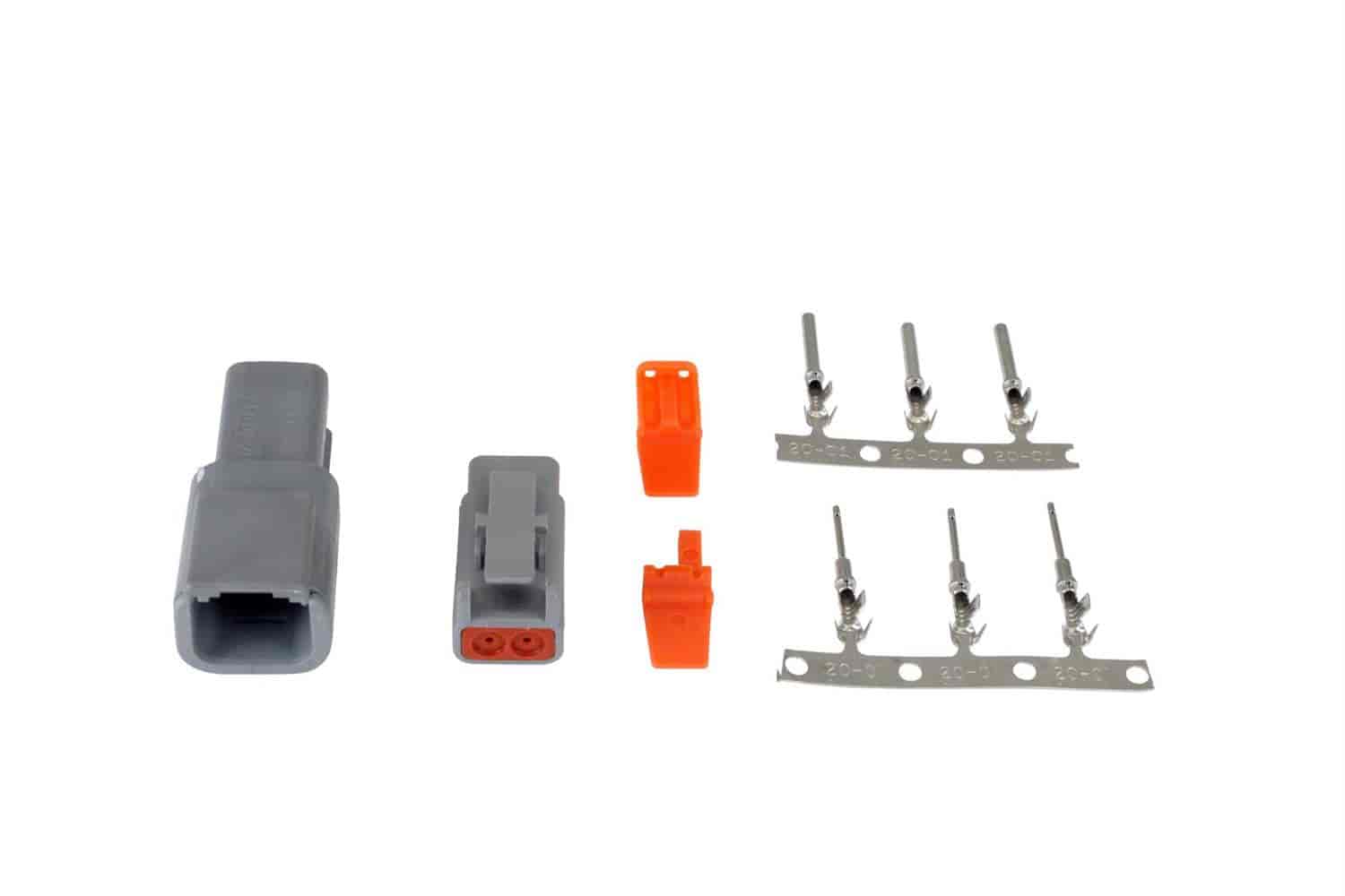 DTM-Style 2-Way Connector Kit Includes Plug, Receptacle, Plug Wedge Lock, Receptacle Wedge Lock, 3 Female Pins And 3 Male Pins