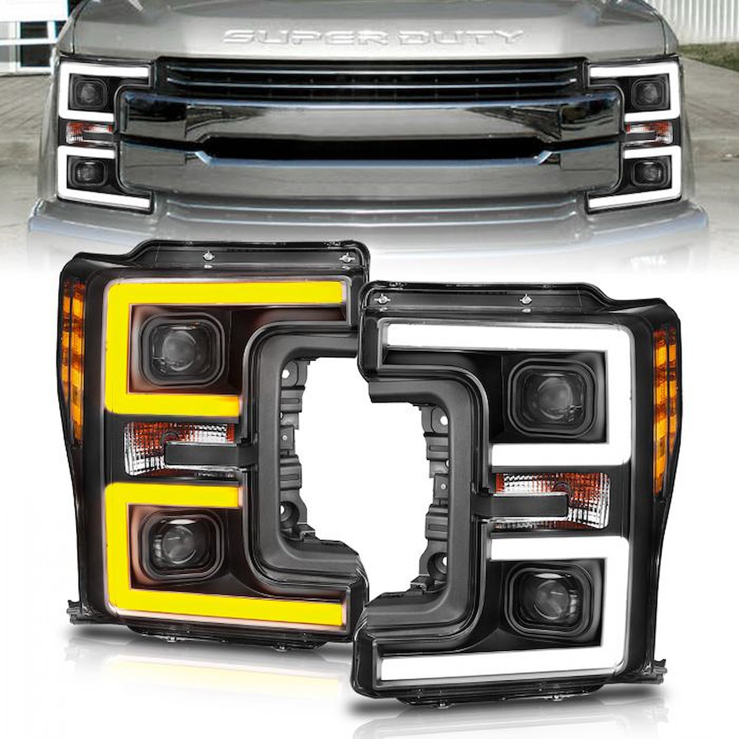 FORD F250/ F350/ F450 SUPER DUTY 2017-19 PROJECTOR PLANK STYLE SWITCHBACK HEADLIGHTS CLEAR LENS BLACK HOUSING
