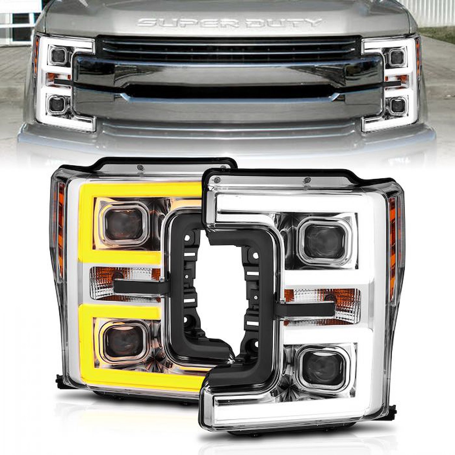 FORD F250/ F350/ F450 SUPER DUTY 2017-19 PROJECTOR PLANK STYLE SWITCHBACK HEADLIGHTS CLEAR LENS CHROME HOUSING