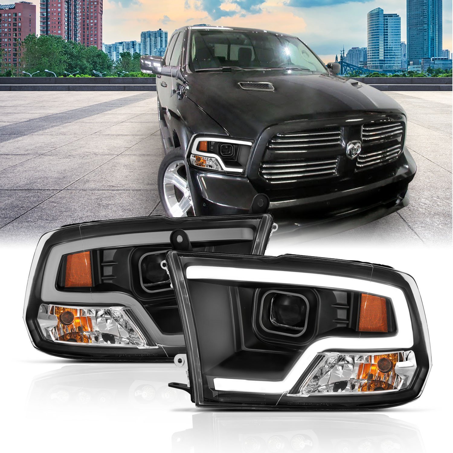 111404 Projector Black Housing Halogen Headlights Fits Select Dodge/Ram 1500, 2500, 3500 Trucks [Plank Style, Clear Lens]