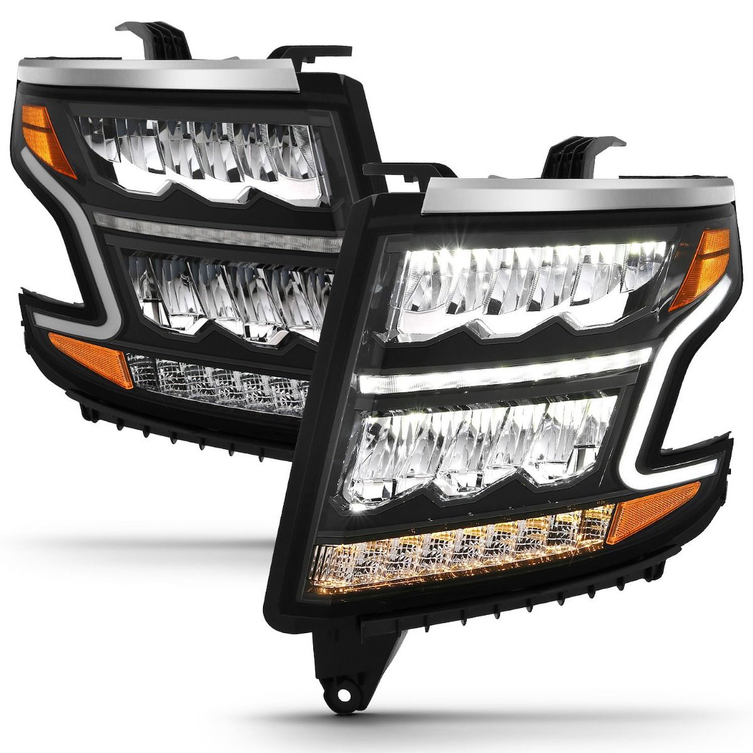 LED Black Housing Headlights For 2015-2020 Chevy Suburban, Tahoe [Amber Sequential Turn Signal]