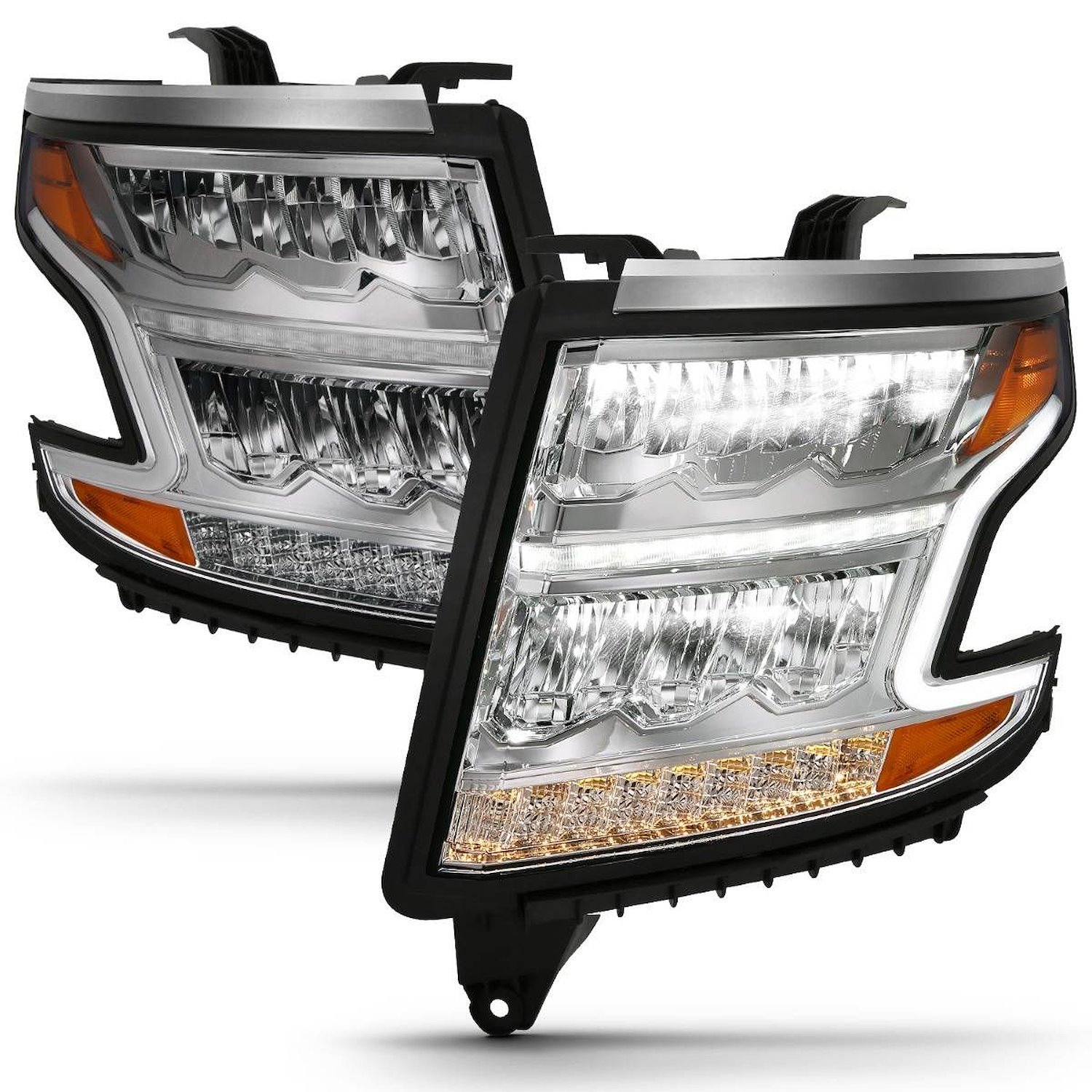 LED Chrome Housing Headlights For 2015-2020 Chevy Suburban, Tahoe [Amber Sequential Turn Signal]