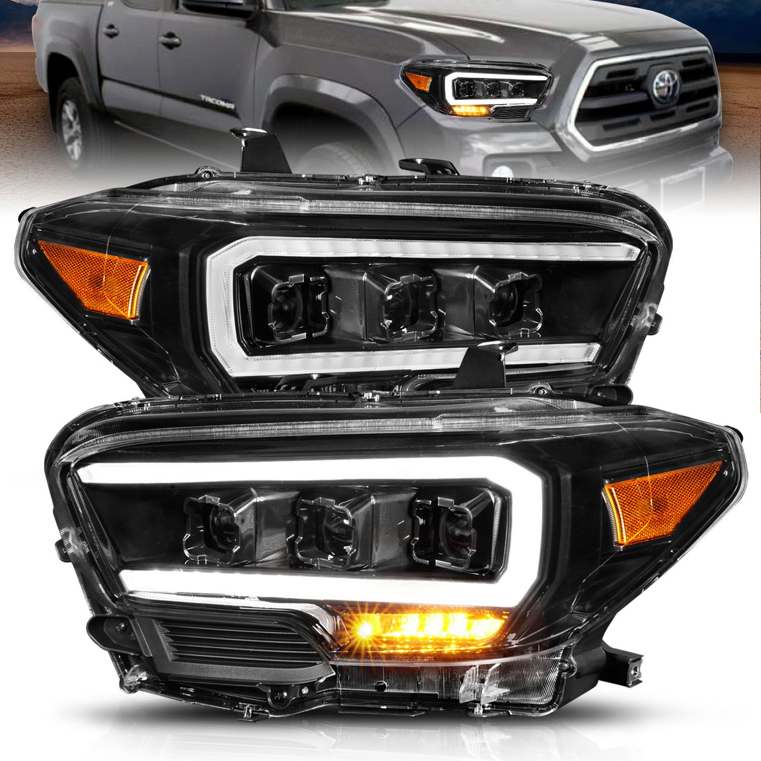 LED Projector Black Housing Headlights For 2016-2022 Toyota Tacoma TRD Trucks with Factory LED DRL [Amber Bar Turn Signal]