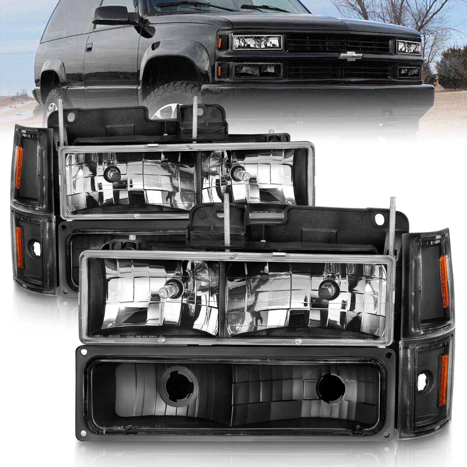 111505 Crystal HL Halogen Headlights Fits Select 1988-2000 GM C/K Truck, SUV Models [Black Housing, Clear Lens]