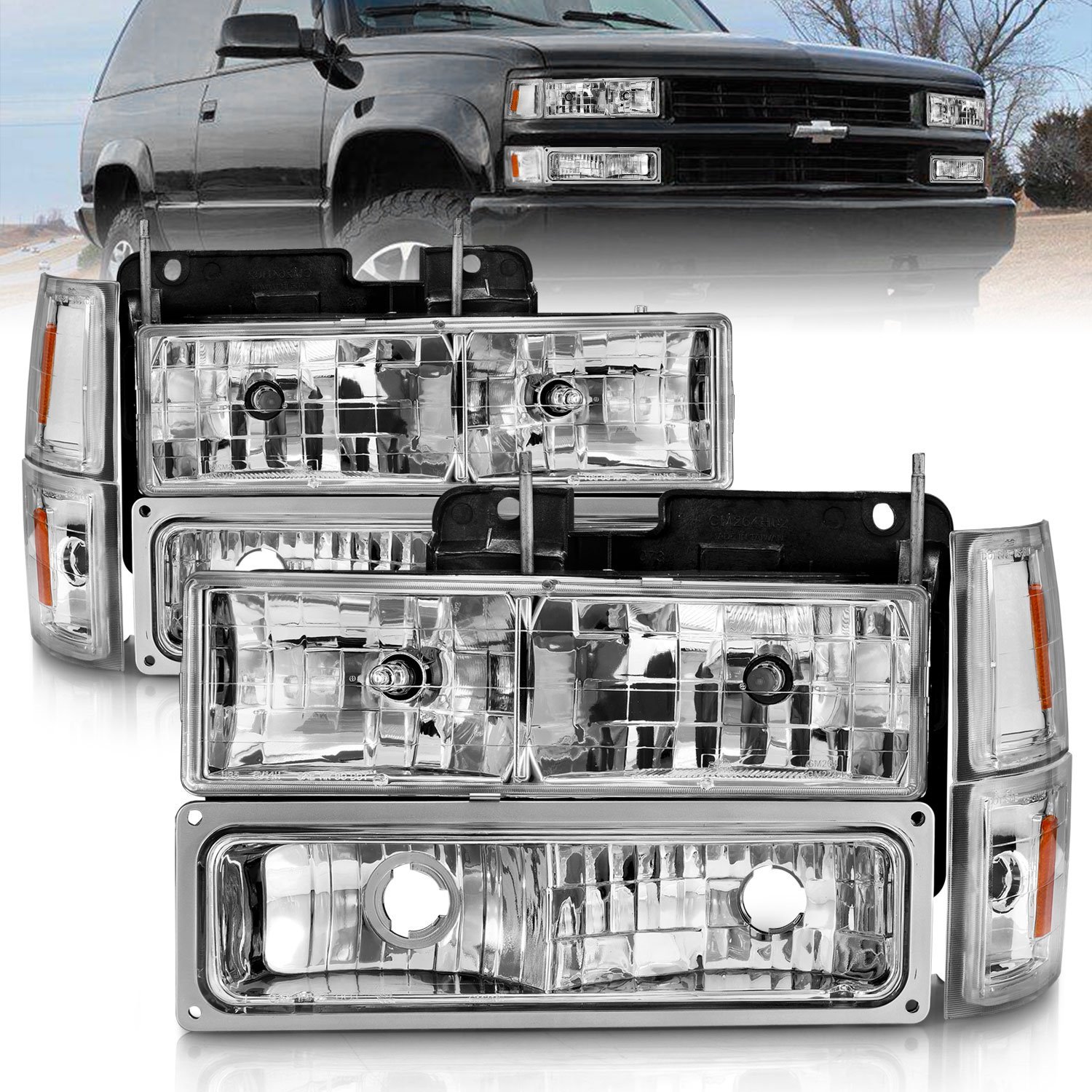 111506 Crystal HL Halogen Headlights Fits Select 1988-2000 GM C/K Truck, SUV Models [Chrome Housing, Clear Lens]