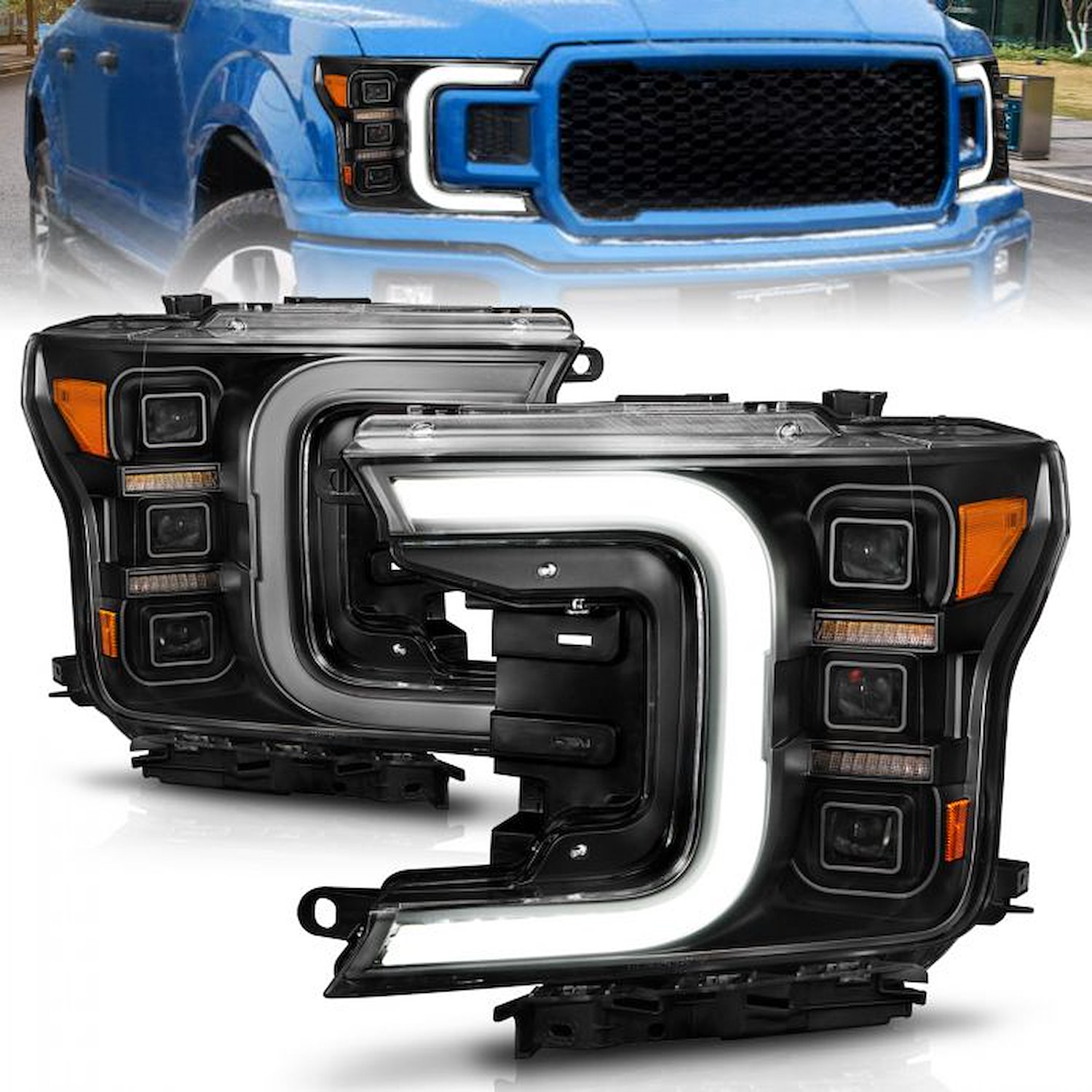 LED Projector Black Housing Headlights 2018-2020 Ford F-150 with Factory Halogen Headlights [Amber Bar Sequential Turn Signal]