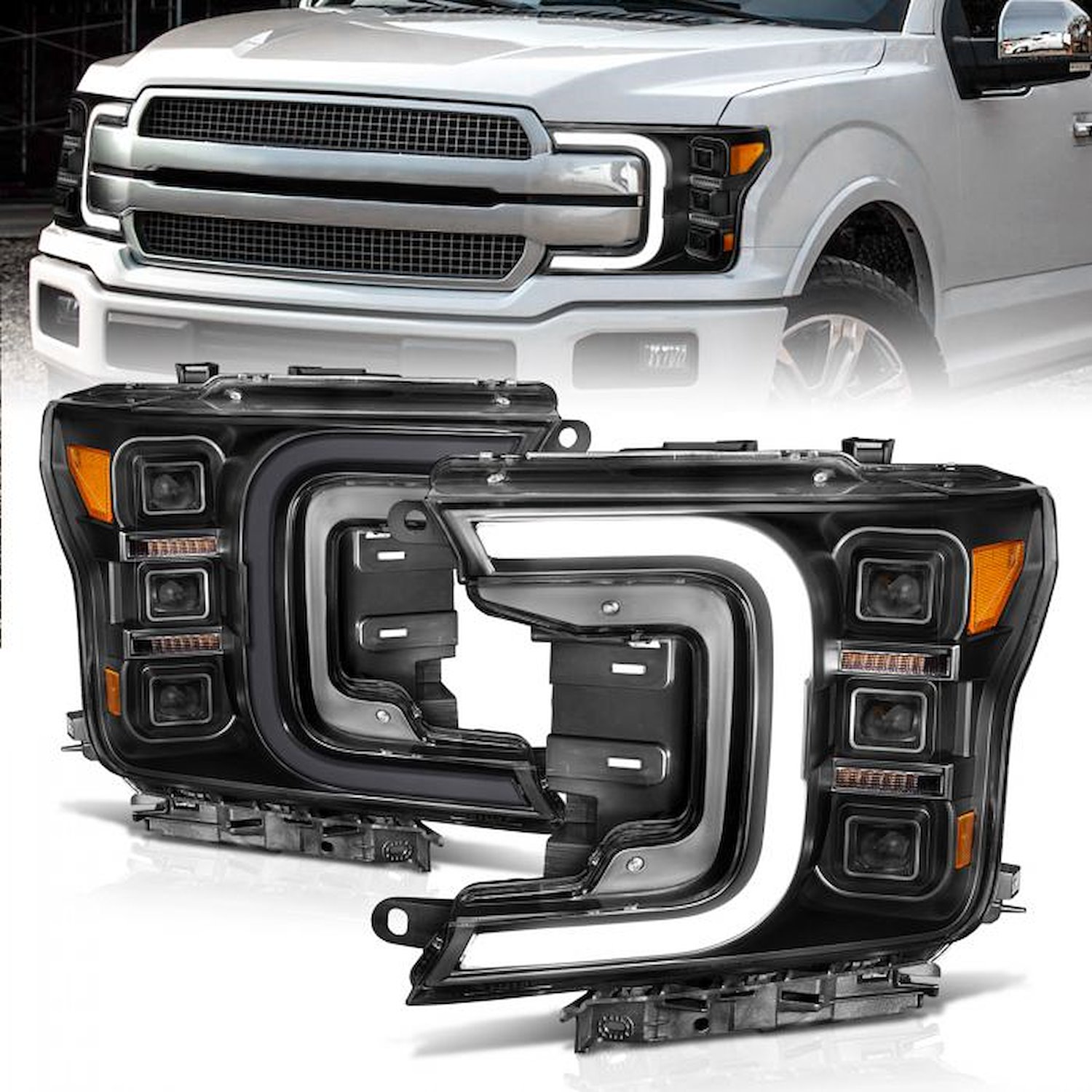 LED Projector Black Housing Headlights 2018-2020 Ford F-150 with Factory Halogen Headlights [Smoke Bar Sequential Turn Signal]