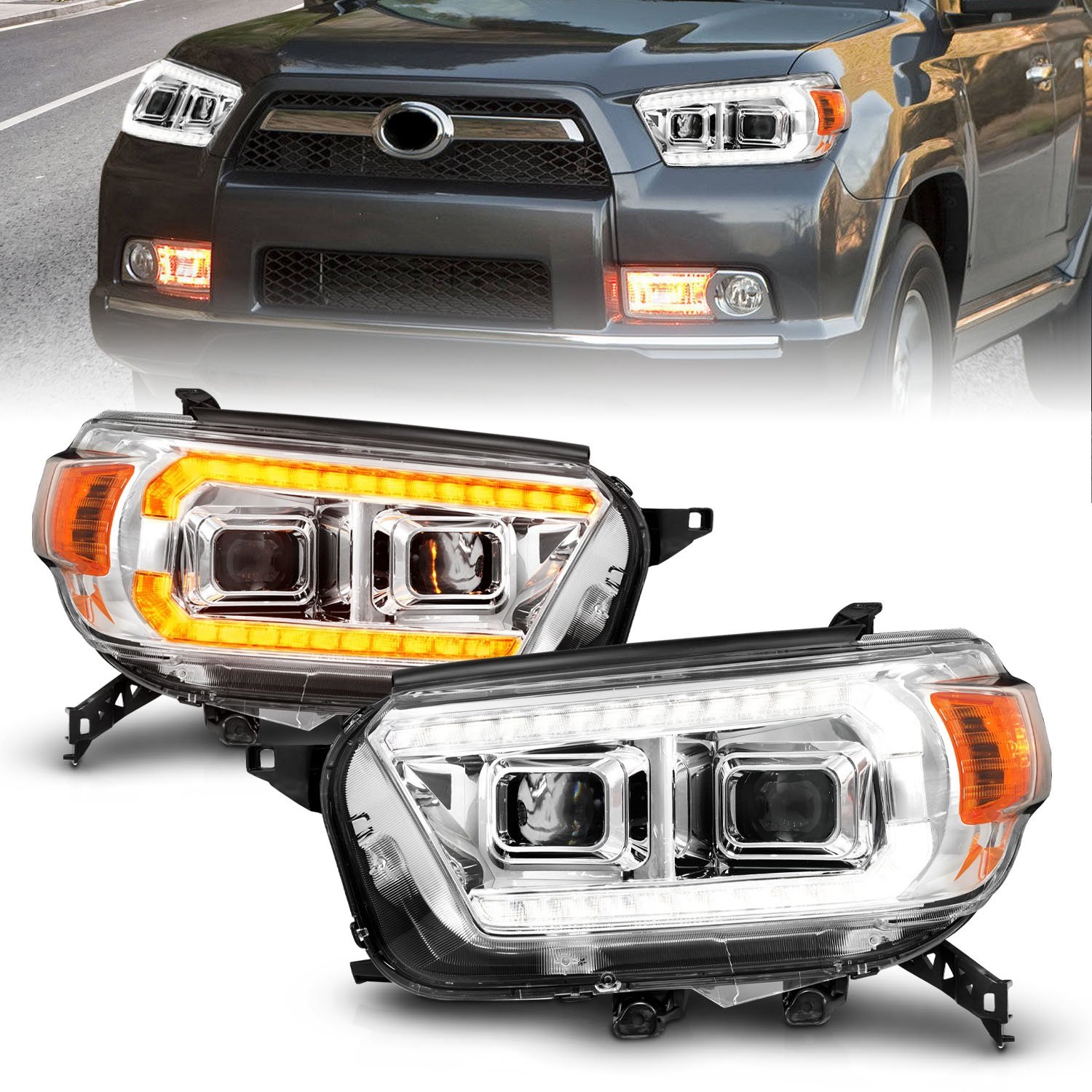 111603 Projector Plank Style Headlights w/Sequential Turn Signals and DRLs for 2010-2013 Toyota 4Runner [Chrome Housings]