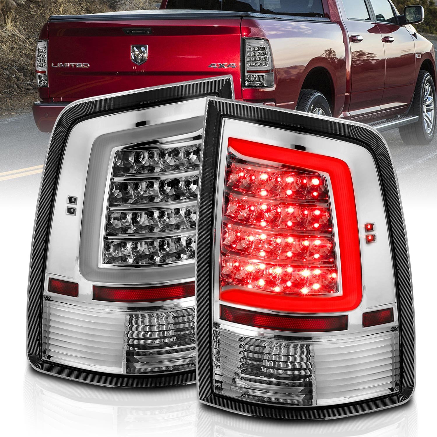 311320 Chrome LED C-Bar Taillights Fits Select 2009-2018 Ram 1500, 2500, 3500 Trucks [Non-OE LED]