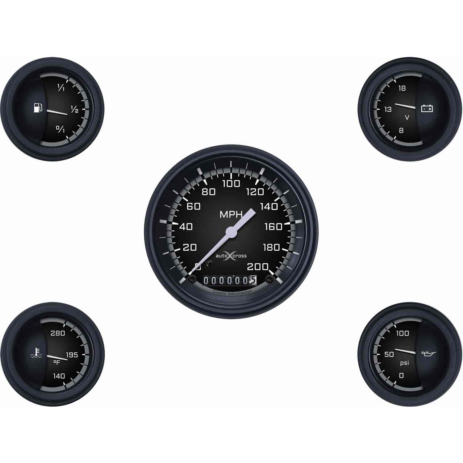 Gray AutoCross Series 5-Gauge Set 3-3/8" Electrical Speedometer (200 mph)