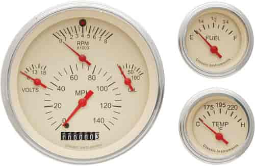 1957 Chevy Tan Gauge Package Includes: 4-5/8" Quad Gauge (Speedometer 140 mph, Tachometer 8000 RPM, Oil Pressure & Voltmeter)