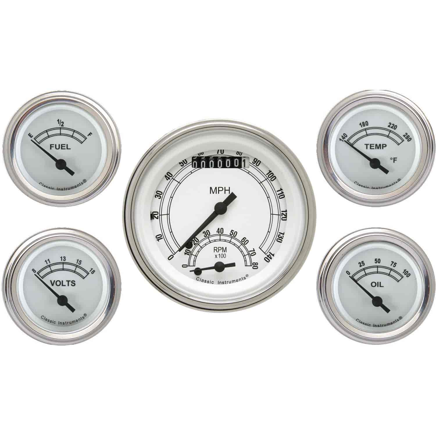 Classic White Series 5-Gauge Set 3-3/8" Electrical Ultimate Speedometer (140 mph)