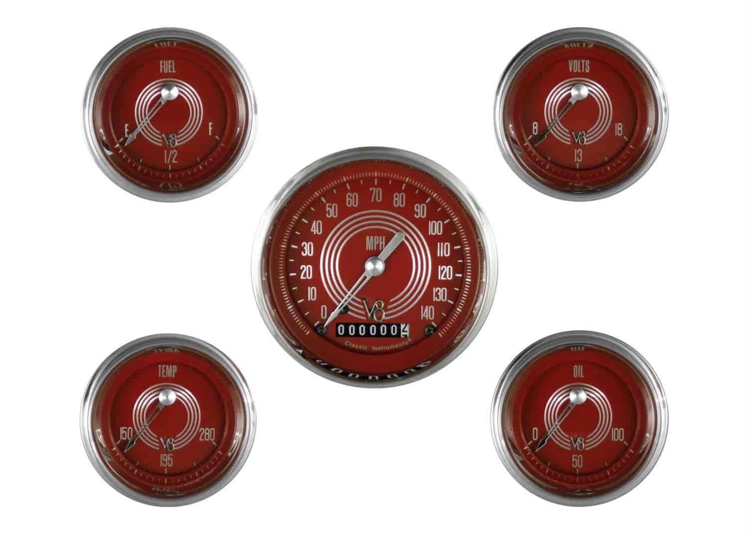 V8 Red Steelie Series 5-Gauge Set 3-3/8" Electrical Speedometer (140 mph)