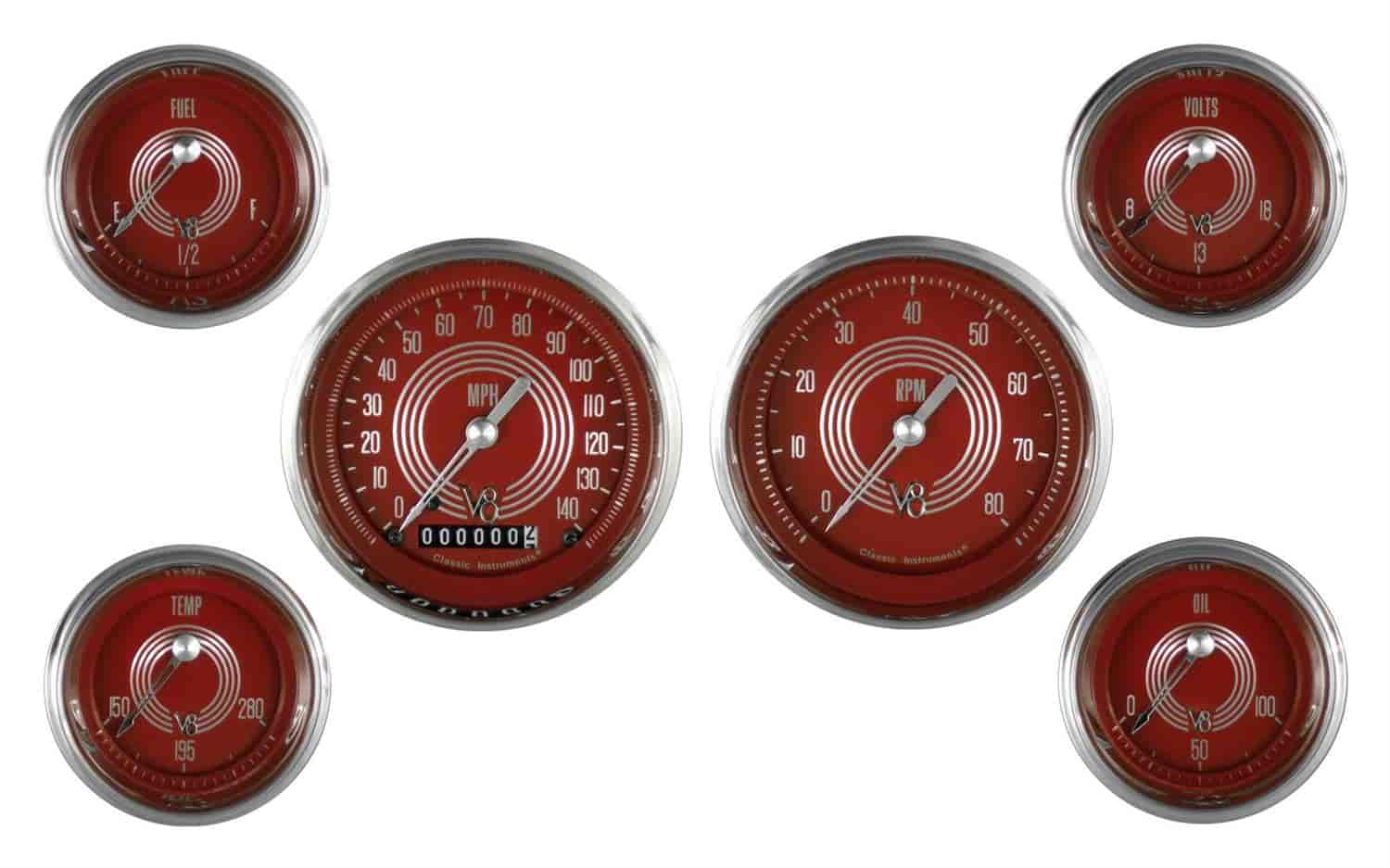 V8 Red Steelie Series 6-Gauge Set 3-3/8" Elec Speedometer (140 mph)