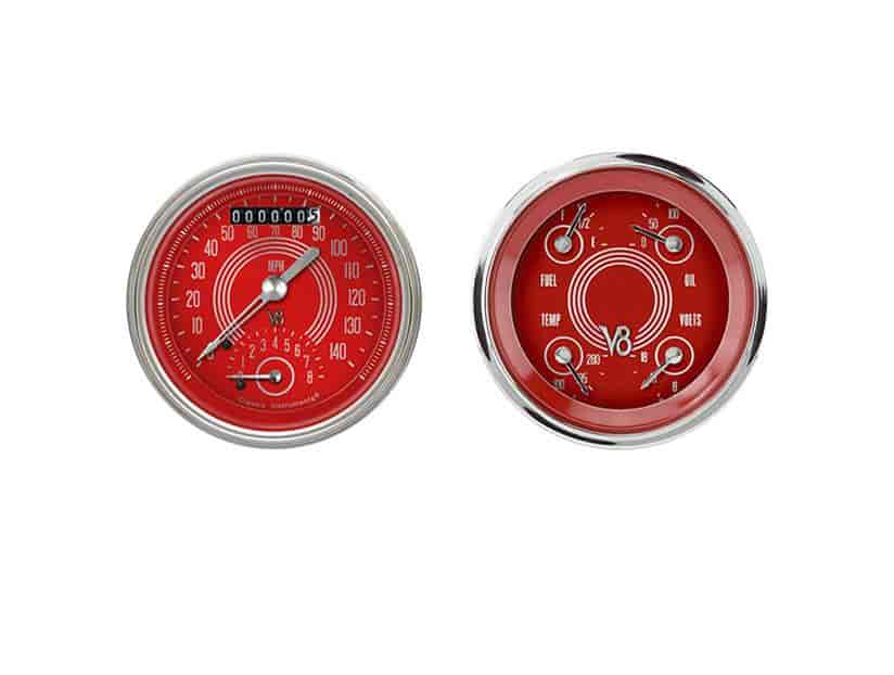 V8 Red Steelie Series 2-Gauge Set 3-3/8" Electrical Ultimate Speedometer (140 mph)