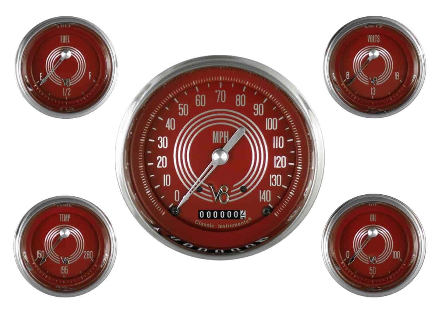 V8 Red Steelie Series 5-Gauge Set 4-5/8" Electrical Speedometer (140 mph)
