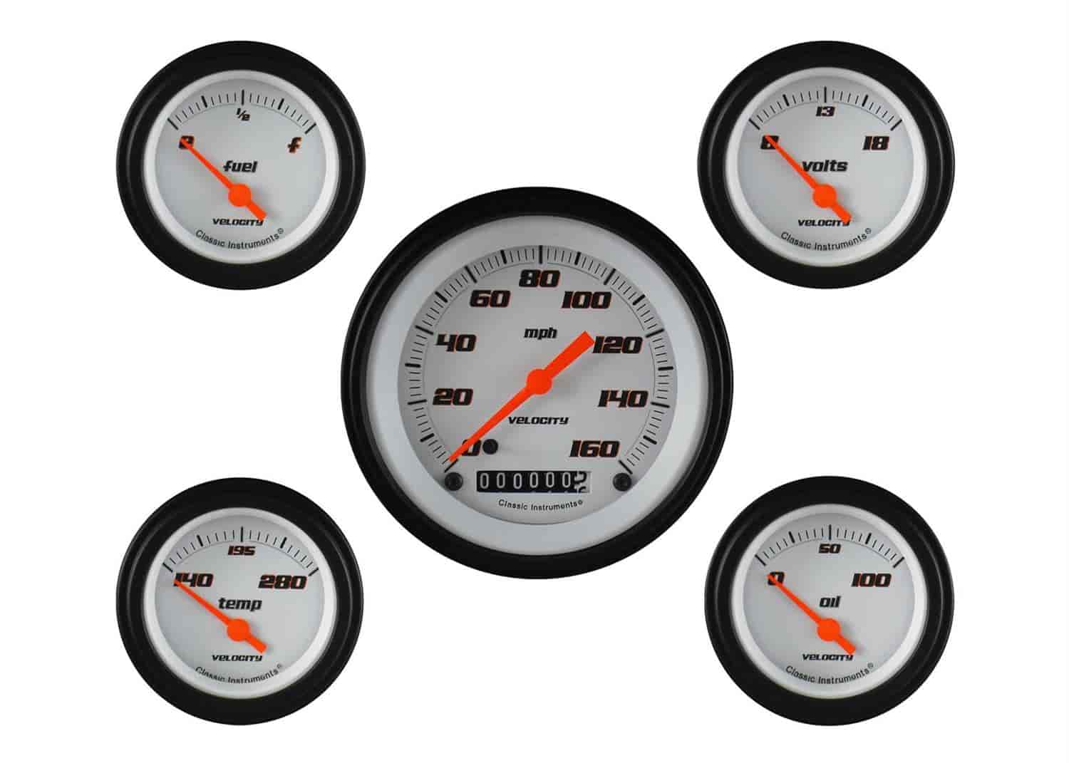 Velocity White Series 5-Gauge Set 3-3/8" Electrical Speedometer (160 mph)