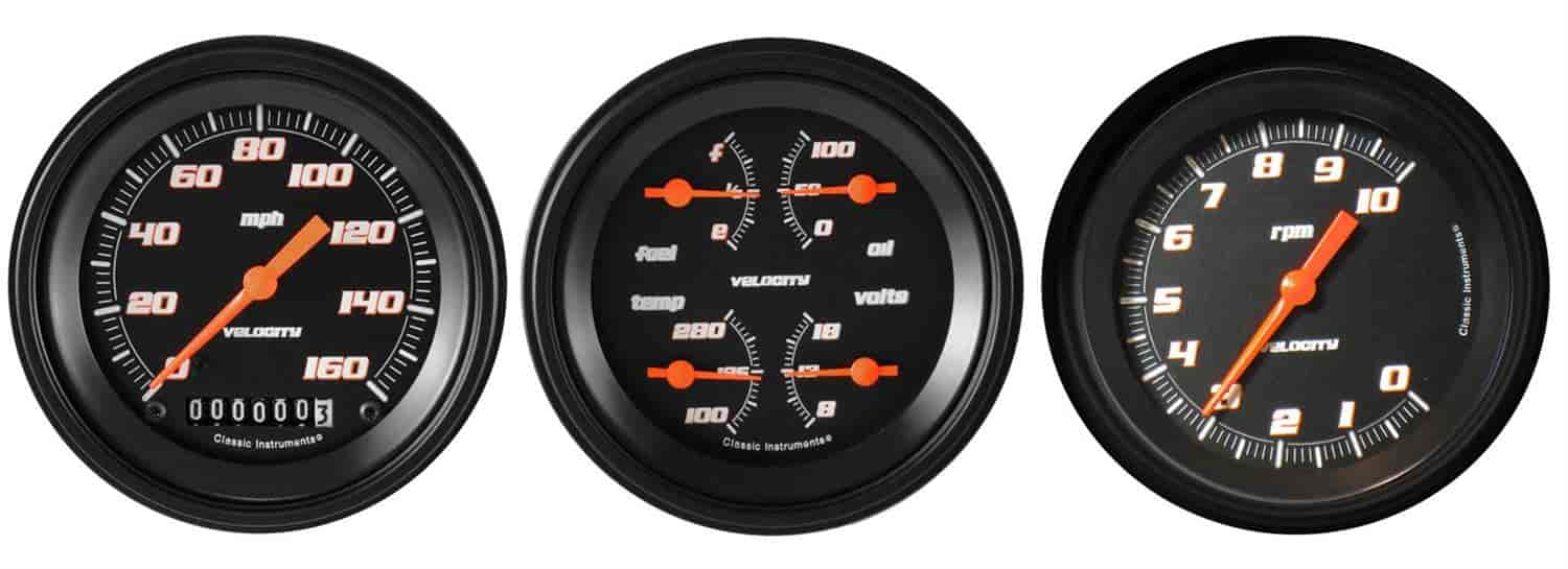 Velocity Black Series 3-Gauge Set 3-3/8" Electrical Speedometer (160 mph)