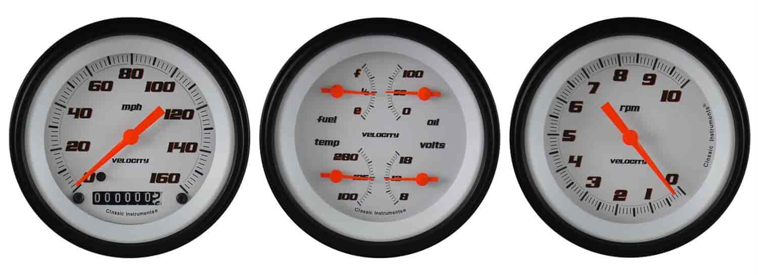 Velocity White Series 3-Gauge Set 3-3/8" Electrical Speedometer (160 mph)