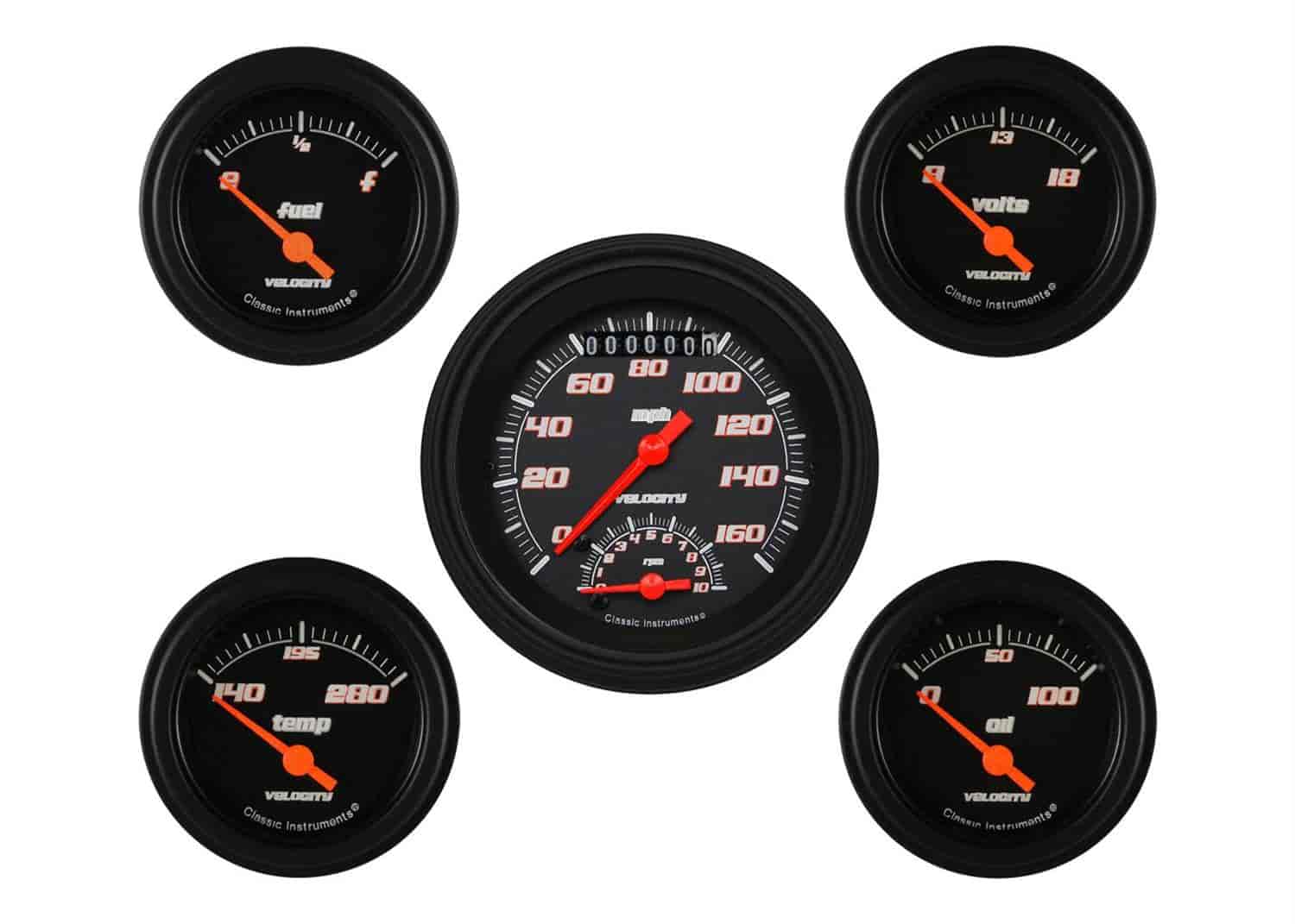 Velocity Black Series 5-Gauge Set 3-3/8" Electrical Ultimate Speedometer (160 mph)