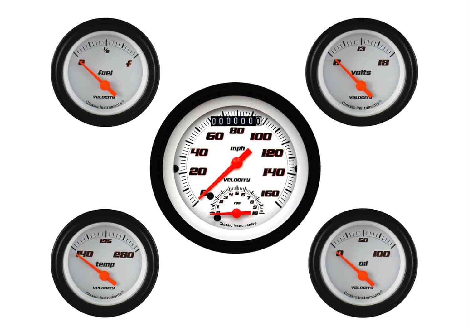 Velocity White Series 5-Gauge Set 3-3/8" Electrical Ultimate Speedometer (160 mph)