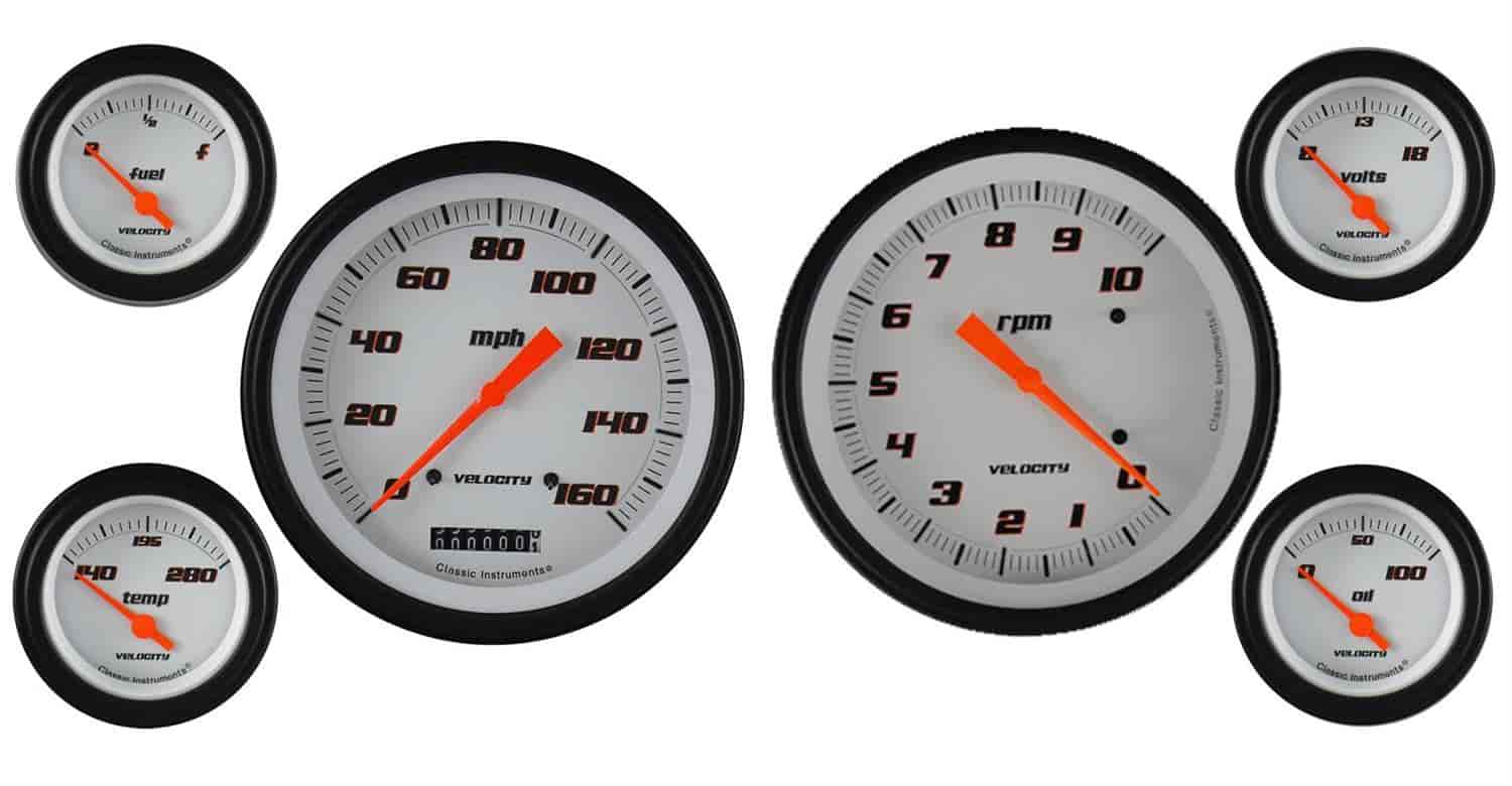 Velocity White Series 6-Gauge Set 4-5/8" Elec Speedometer (160 mph)