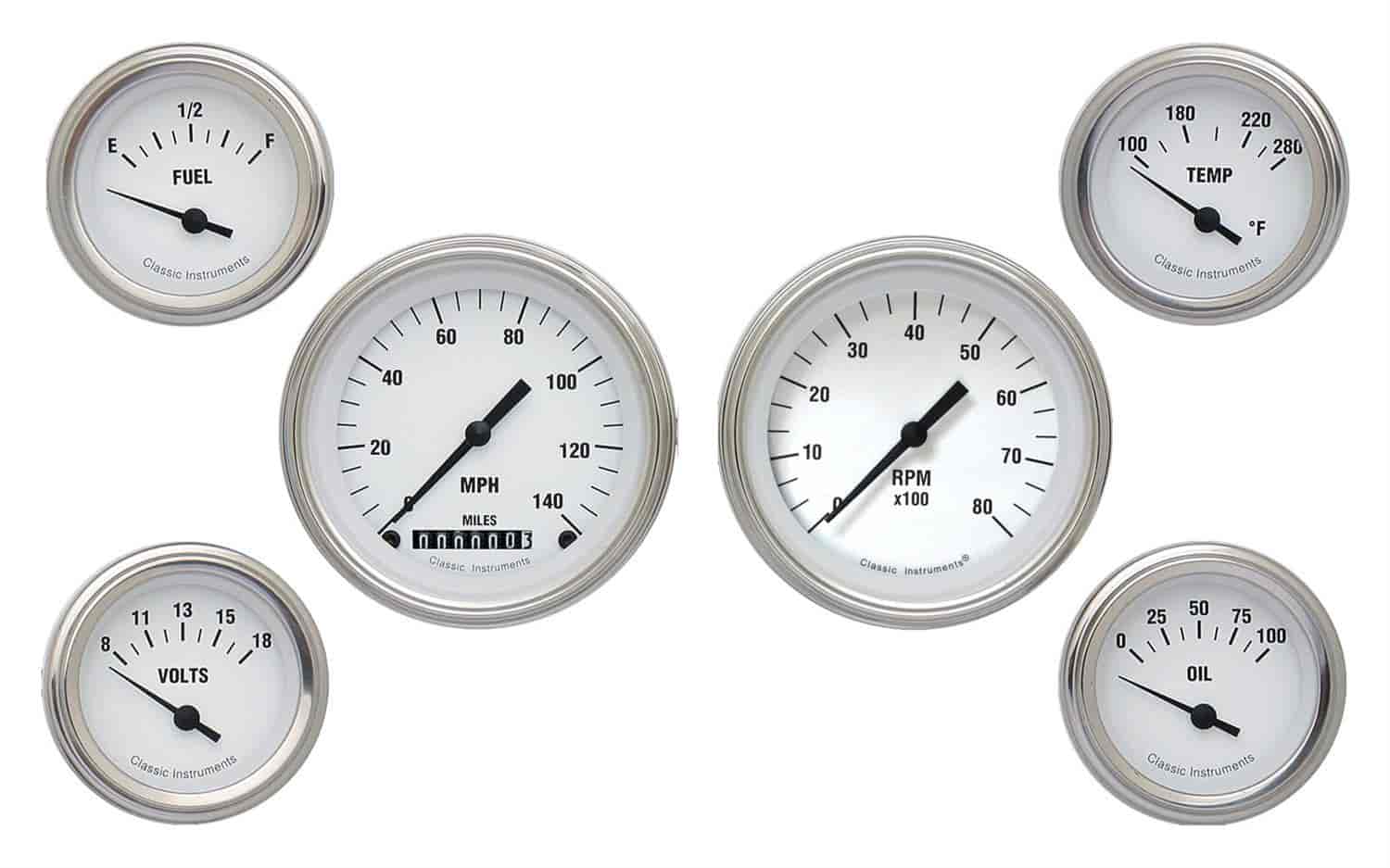 White Hot Series 6-Gauge Set 3-3/8" Elec Speedometer (140 mph)