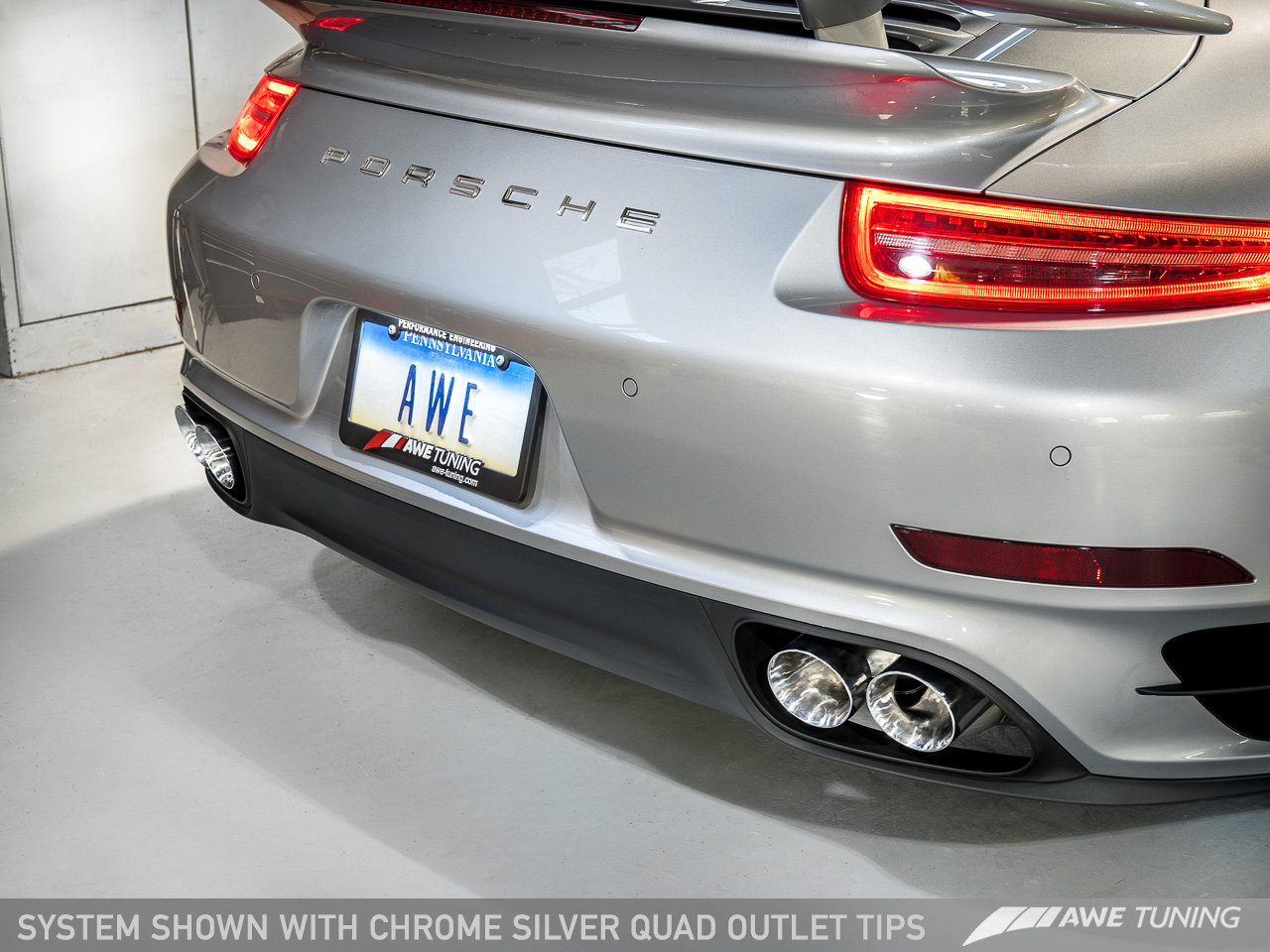 AWE Performance Exhaust and High-Flow Cat Sections for Porsche 991 Turbo - Chrome Silver Quad Tips