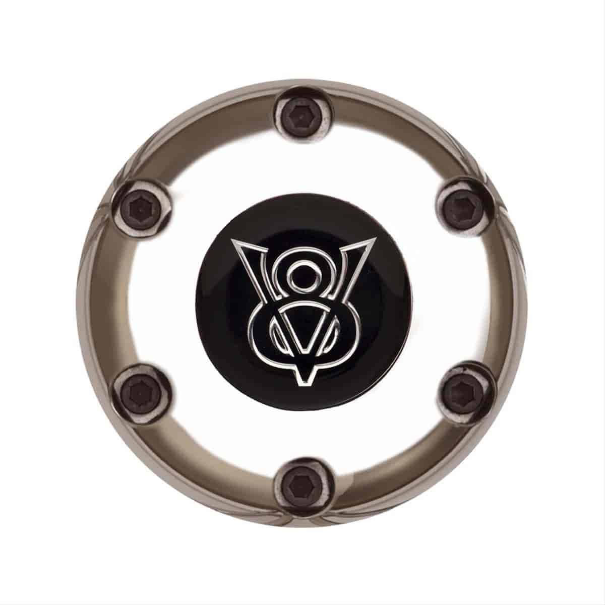 GT3 Gasser/Euro Style Horn Button "V8" Emblem Colored 6-Hole Style Style Polished with Black Center