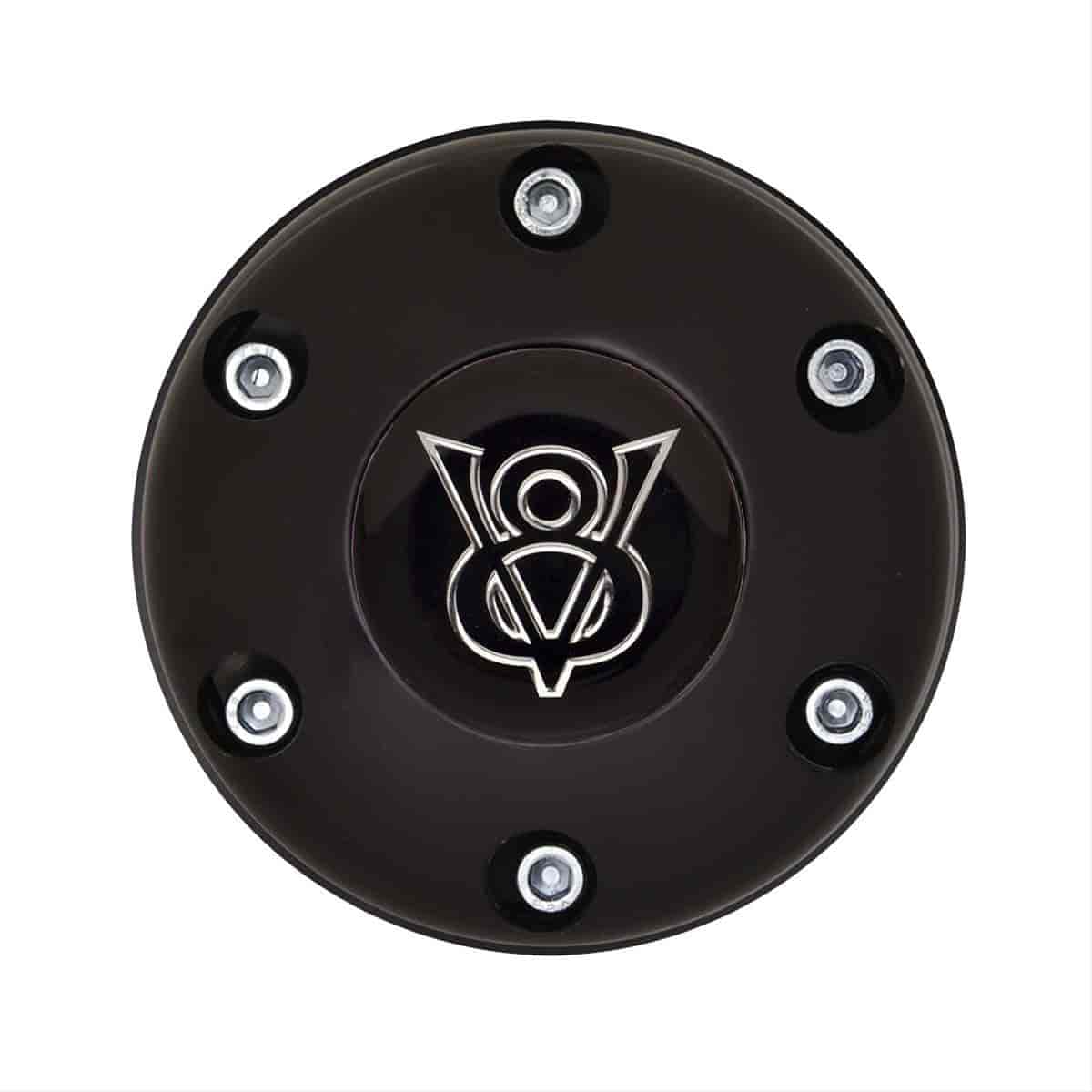 GT3 Gasser/Euro Style Horn Button "V8" Emblem Colored 6-Hole Style Black Anodized