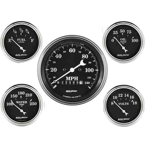 Old Tyme Black 5-Gauge Kit Includes: 3-3/8" Electrical Speedometer (120 mph)