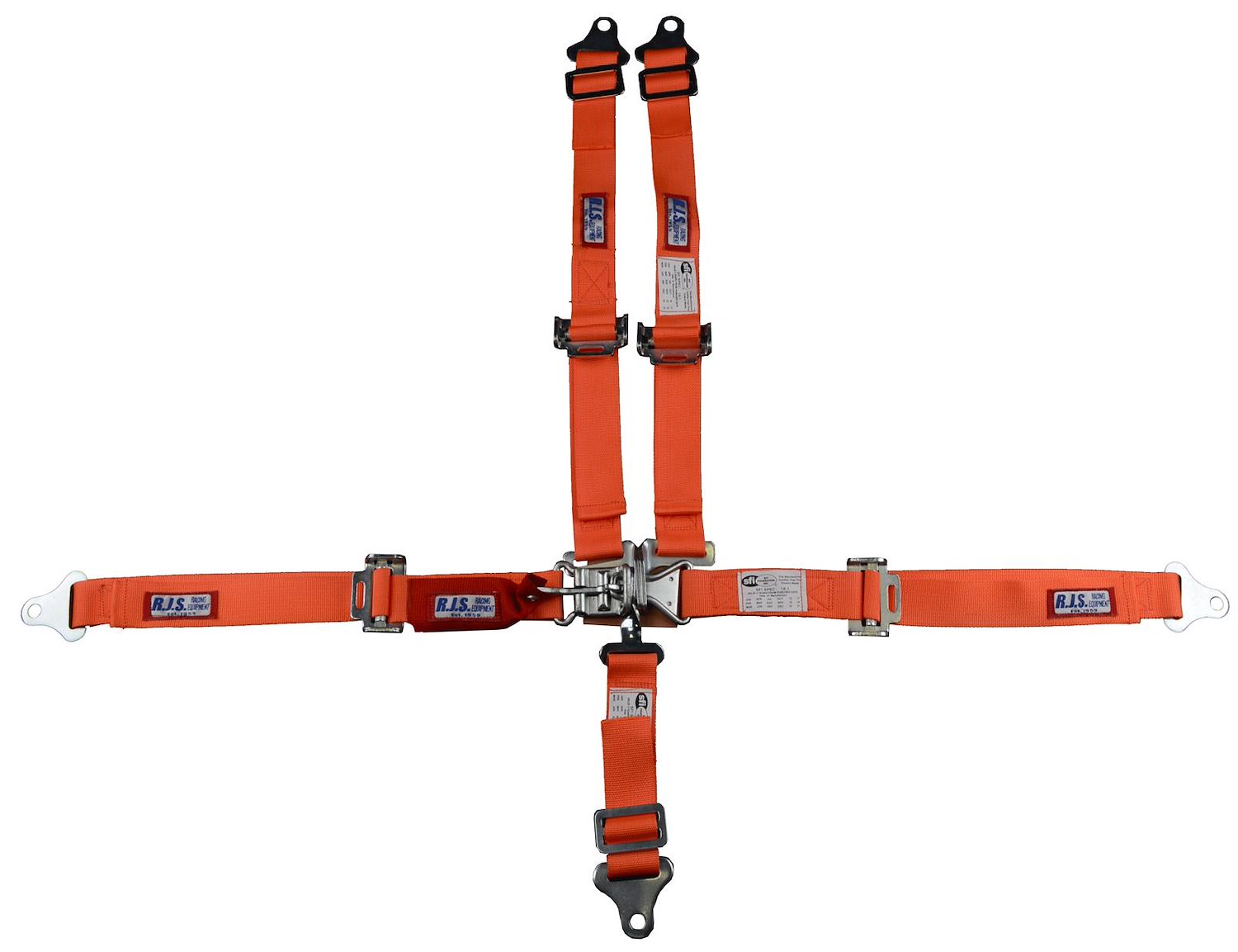 SFI 16.1 L&L HARNESS 2 PULL UP Lap Belt 2 Shoulder Harness Individual FLOOR Mount 2 SINGLE Sub ALL WRAP ENDS w/STERNUM STRAP RED