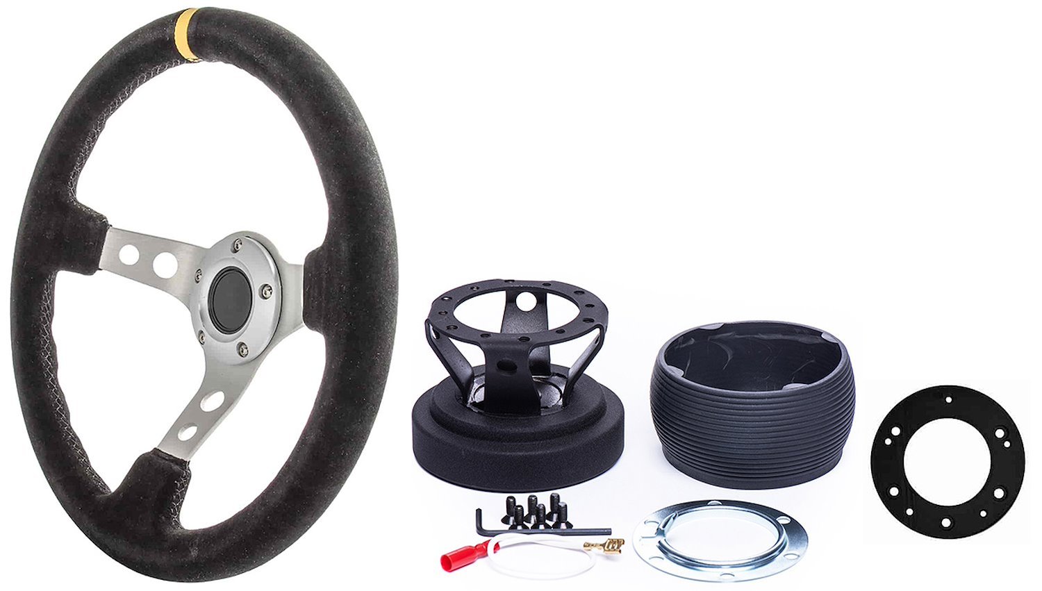Aluminum Hub Adapter, Adapter Plate, and Black Suede Racing Steering Wheel Kit - Fits Select GM and Mopar Models