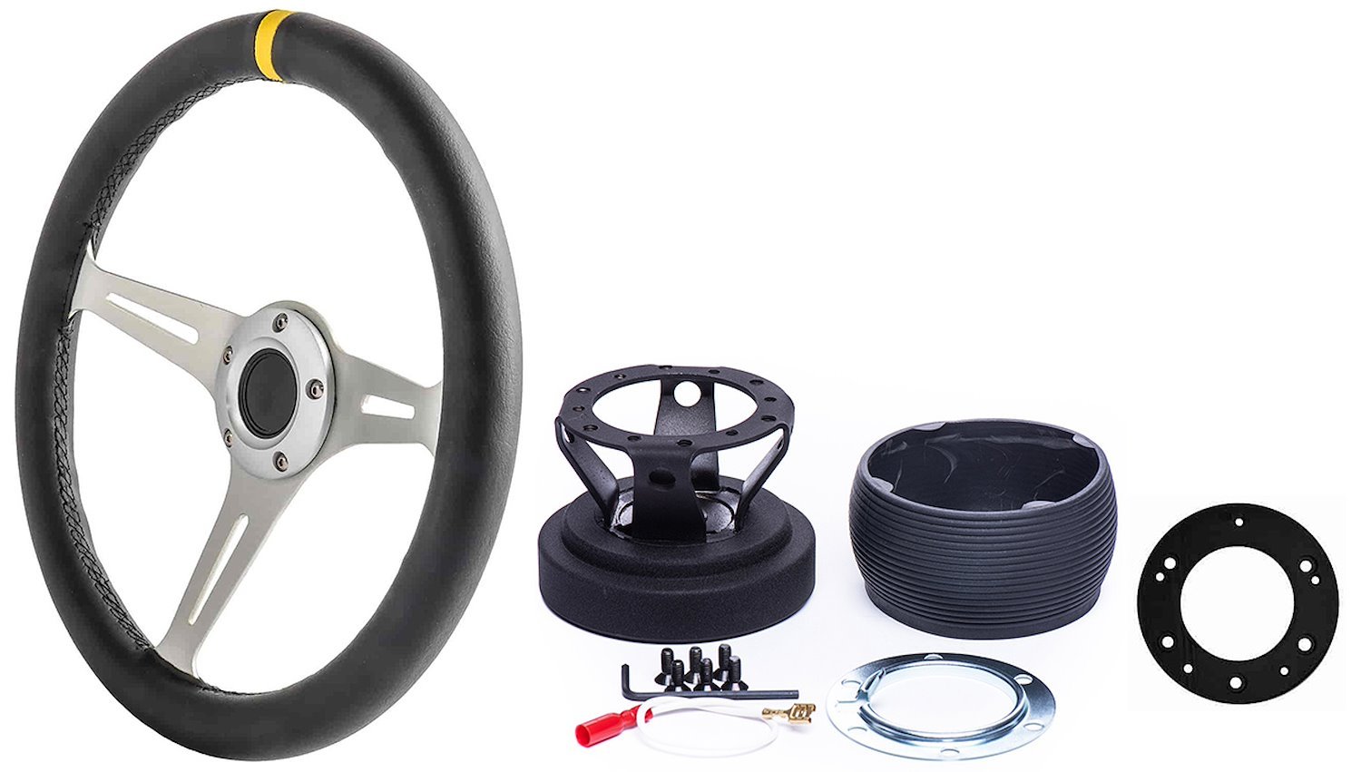 Aluminum Hub Adapter, Adapter Plate, and Black Leather Racing Steering Wheel Kit - Fits Select GM and Mopar Models