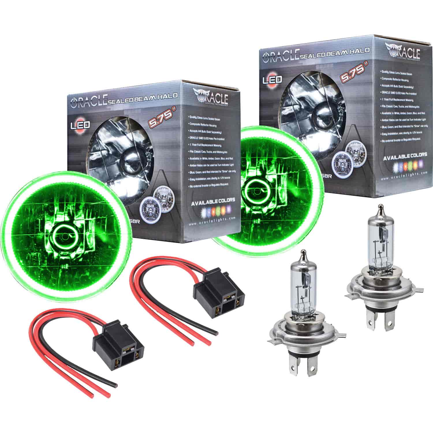 5.75" H4 Headlight Conversion Kit Green LED Halo Includes
