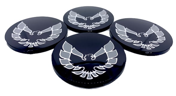 Center Cap Inserts for 1977-1981 Pontiac Firebird Snowflake and Turbo Wheels [Black with Silver Outline Bird]