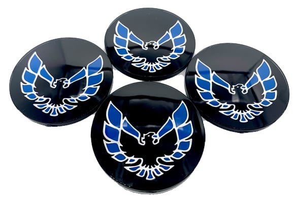 Center Cap Inserts for 1977-1981 Pontiac Firebird Snowflake and Turbo Wheels [Black with Blue Outline Bird]