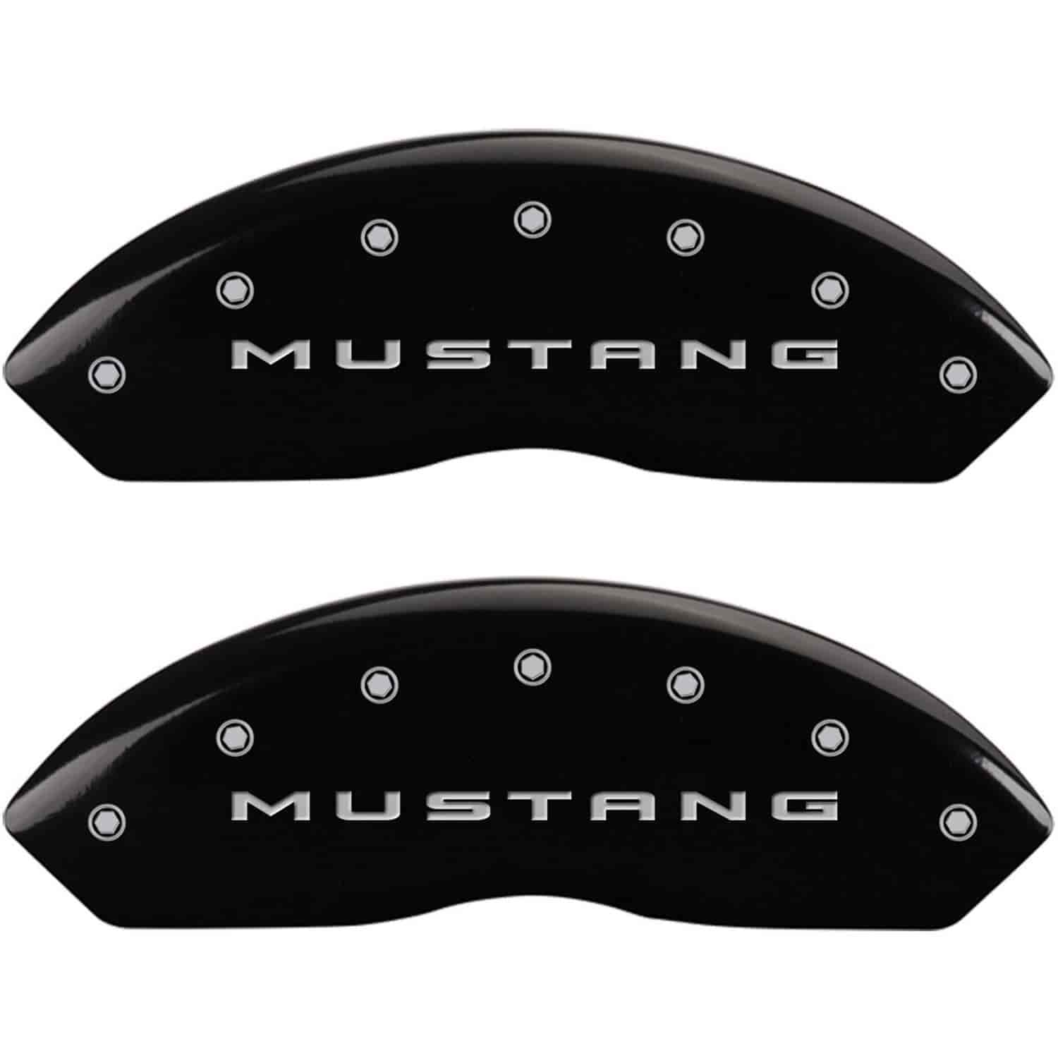 Set of 4 caliper covers Engraved Front 2015/Mustang - Engraved Rear 2015/3.7 Black powder coat finish silver characters.
