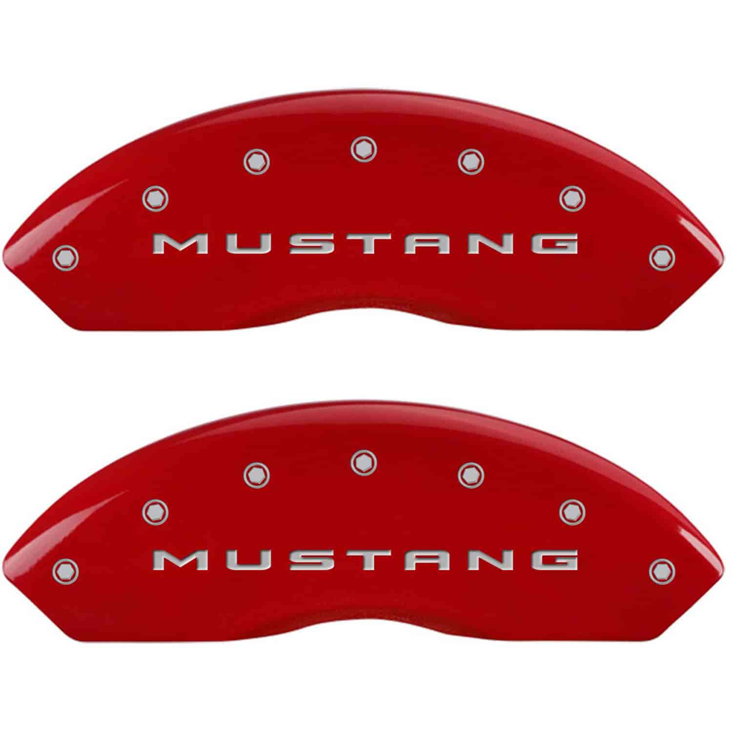 Set of 4 caliper covers Engraved Front 2015/Mustang - Engraved Rear 2015/3.7 Red powder coat finish silver characters.