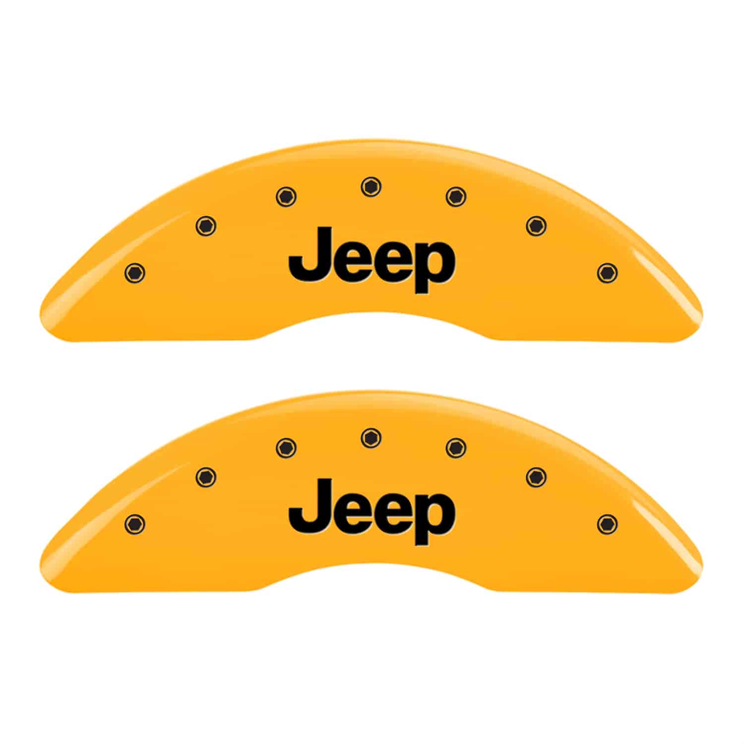 Set of 4 caliper covers Engraved Front JEEP - Engraved Rear JEEP Grill logo Yellow powder coat finish black characters