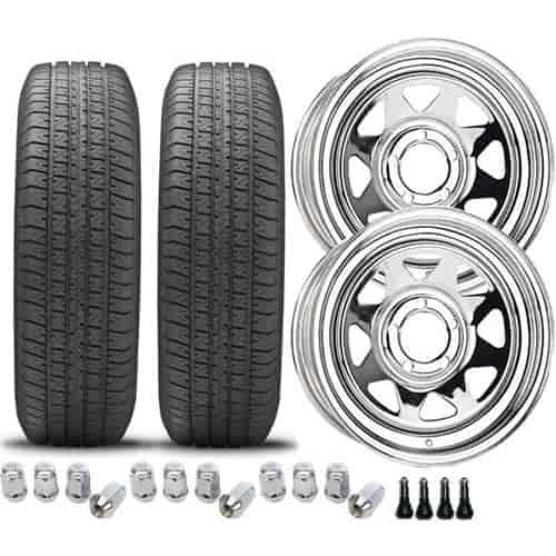 Trailer Tire and Wheel Kit Includes: (2) ST225/75R15D Trailer Tires