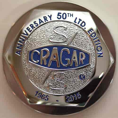 50th Year Anniversary Cragar S/S Wheel Center Cap Chrome Plated Aluminum w/Blue Text and Logo
