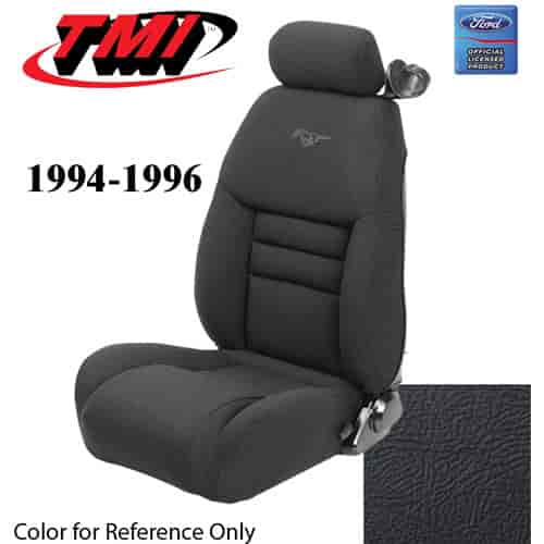43-76604-L958-PONY 1994-96 MUSTANG GT FRONT BUCKET SEAT BLACK LEATHER UPHOLSTERY W/PONY LOGO LARGE HEADREST COVERS INCLUDED