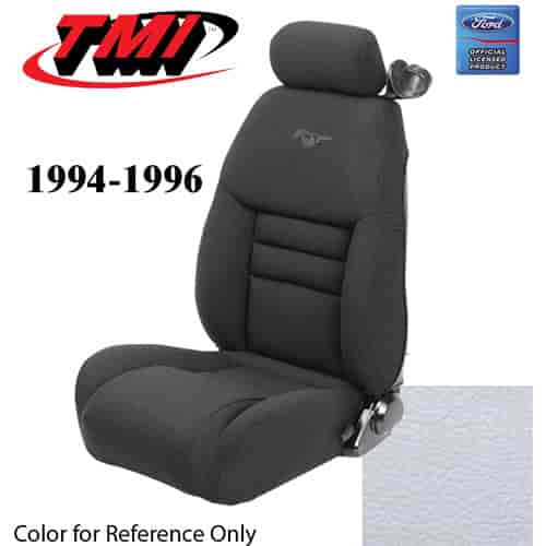 43-76304-965-PONY 1994-96 MUSTANG GT FRONT BUCKET SEAT OXFORD WHITE VINYL UPHOLSTERY W/PONY LOGO LARGE HEADREST COVERS INCLUDED