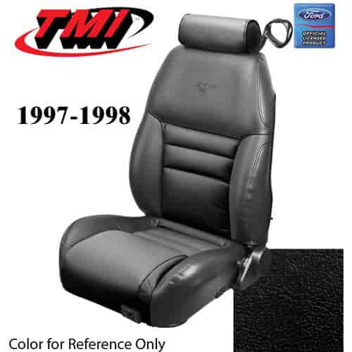 43-76307-958-PONY 1997-98 MUSTANG GT FRONT BUCKET SEAT BLACK VINYL NON-OE UPHOLSTERY W/PONY LOGO SMALL HEADREST COVERS INCLUDED