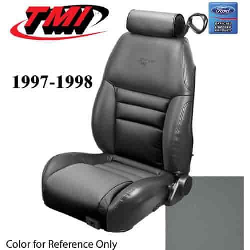 43-76307-6687-PONY 1997-98 MUSTANG GT FRONT BUCKET SEAT OPAL GRAY VINYL NON-OE UPHOLSTERY W/PONY LOG