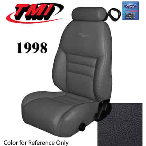 43-76608-L958-PONY 1998 MUSTANG GT FRONT BUCKET SEAT BLACK LEATHER UPHOLSTERY W/PONY LOGO SMALL HEADREST COVERS INCLUDED