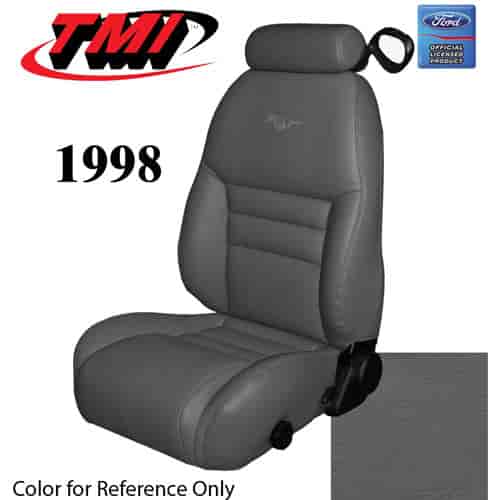 43-76608-L768-PONY 1998 MUSTANG GT FRONT BUCKET SEAT OPAL GRAY LEATHER UPHOLSTERY W/PONY LOGO SMALL HEADREST COVERS INCLUDED