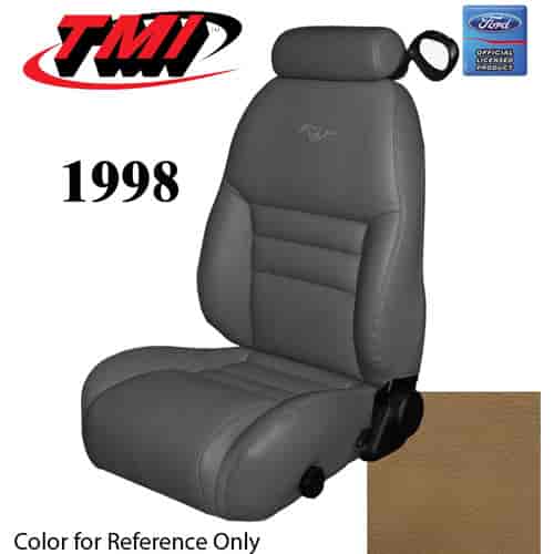 43-76608-L261-PONY 1998 MUSTANG GT FRONT BUCKET SEAT SADDLE LEATHER UPHOLSTERY W/PONY LOGO SMALL HEADREST COVERS INCLUDED
