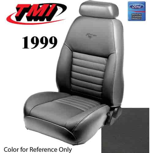 43-76609-L741-PONY 1999 MUSTANG GT FRONT BUCKET SEAT DARK CHARCOAL LEATHER UPHOLSTERY W/PONY LOGO SMALL HEADREST COVERS INCLUDED